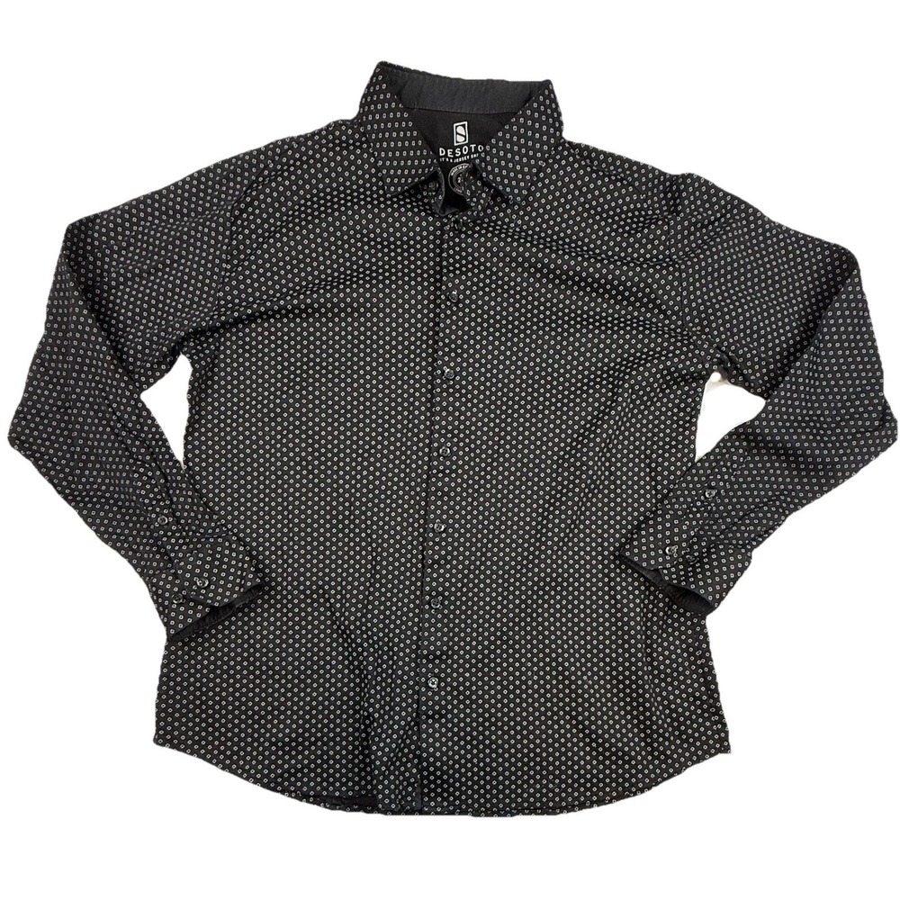 DeSoto Jersey Shirt Mens 2XL Button Up Long Sleeve Medallion Foulard Print Black